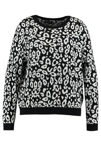Czarny sweter dziany z białym wzorem w lamparty, okrągłym dekoltem, długimi rękawami i prążkowanym wykończeniem. Miękka tekstura.