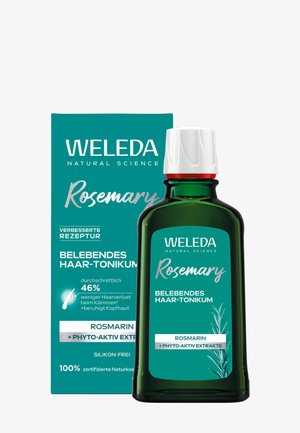 Weleda Rosmarin-Haarwasser Flasche und Verpackung mit Text, der reduzierte Haarausfall, beruhigende Wirkung auf die Kopfhaut, silikonfrei und zertifizierte Naturkosmetik hervorhebt.