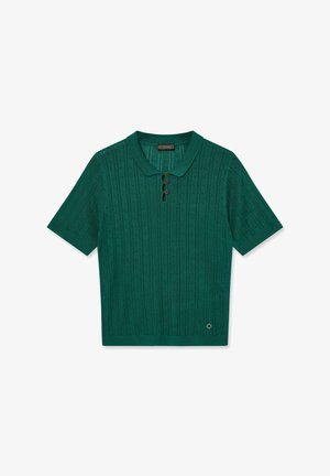 Green short-sleeve knit polo shirt with eyelet pattern, three brown buttons, ribbed collar and cuffs, and a small round metal logo near hem.