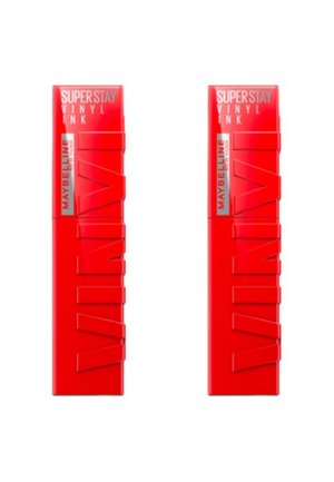 Emballage Maybelline Superstay Vinyl Ink, rouge vif, forme rectangulaire, lettrage en relief, finition lisse et détails en argent.