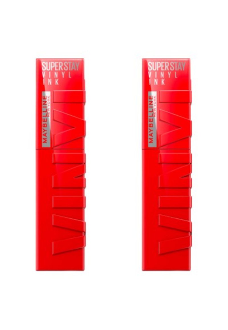 Emballage Maybelline Superstay Vinyl Ink, rouge vif, forme rectangulaire, lettrage en relief, finition lisse et détails en argent.