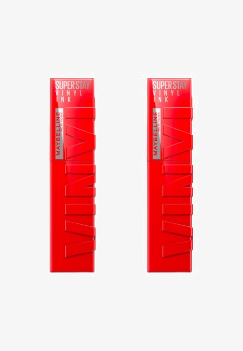Emballage Maybelline Superstay Vinyl Ink, rouge vif, forme rectangulaire, lettrage en relief, finition lisse et détails en argent.