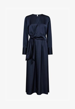 Tamsiai mėlynas atlasinis suknelė ilgomis rankovėmis su susukto mazgo detale juosmens srityje ir tiesia siluetu, turinti apvalų iškirpimą ir rankogalius.