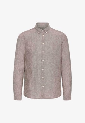 Cămașă bărbătească cu mâneci lungi, cu nasturi, din țesătură de in maro deschis, cu guler cu nasturi și nasturi albi pe partea din față.