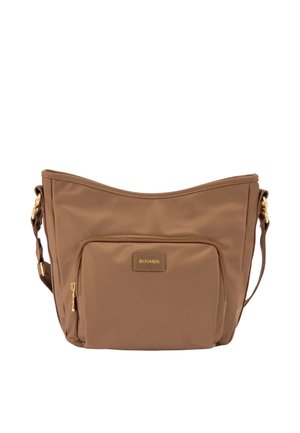 Borsa a tracolla marrone con tasca frontale con cerniera, tracolla regolabile e cerniera e accessori tono oro, marchiata "Bogner" sulla tasca frontale.