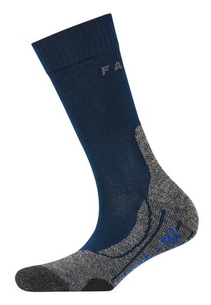 Calzino navy con una punta e un tallone grigi texture, caratterizzato da accenti blu e un arco rinforzato per il comfort. Orlo a coste per una vestibilità aderente.