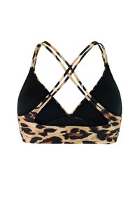 Bralette met luipaardprint op een zwarte basis, voorzien van gekruiste bandjes op de rug en een zachte textuur. Soepele stof met een contrasterende, patroonband.