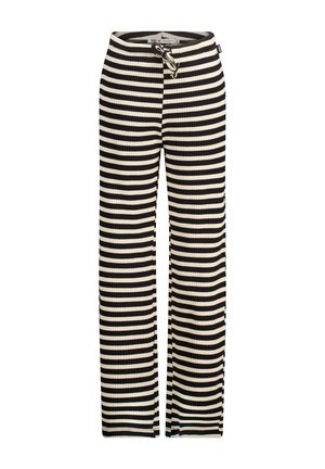 Zwarte en crèmekleurige gestreepte broek met wijde pijpen in een geribbelde textuur, voorzien van een elastische tailleband en een trekkoordsluiting.