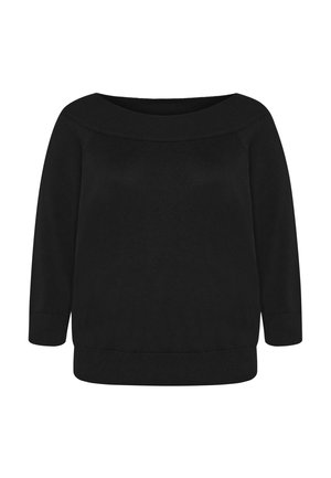 Sort striktrøje med bred ribstrikket bådudskæring, trekvartærmer samt ribstrikkede manchetter og kant.