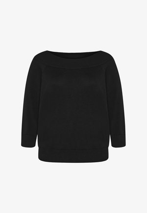 Black knit sweater with wide ribbed boat neckline, three-quarter sleeves, and ribbed cuffs and hem.