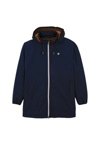 Marinblå jacka med dragkedja fram, dragsko i huvan och brun foder i päls. Har två sidofickor och elastiska ärmslut. Minimalistisk design.