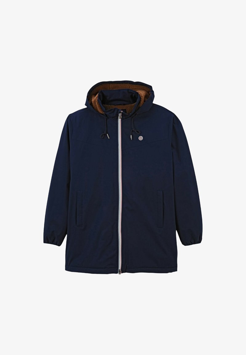Veste bleu marine avec fermeture éclair à l'avant, capuche à cordon de serrage et doublure en fourrure marron. Comprend deux poches latérales et des poignets en élasthanne. Design minimaliste.