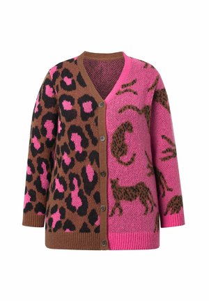Bruine en roze oversized cardigan met panterprint en dierenmotieven, V-hals, knoopsluiting en geribde mouwen en zoom.