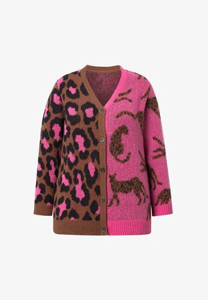 Brun og lyserød oversized cardigan med leopardprint og dyremotiver, V-hals, knaplukning og ribbede cuffs og kant.