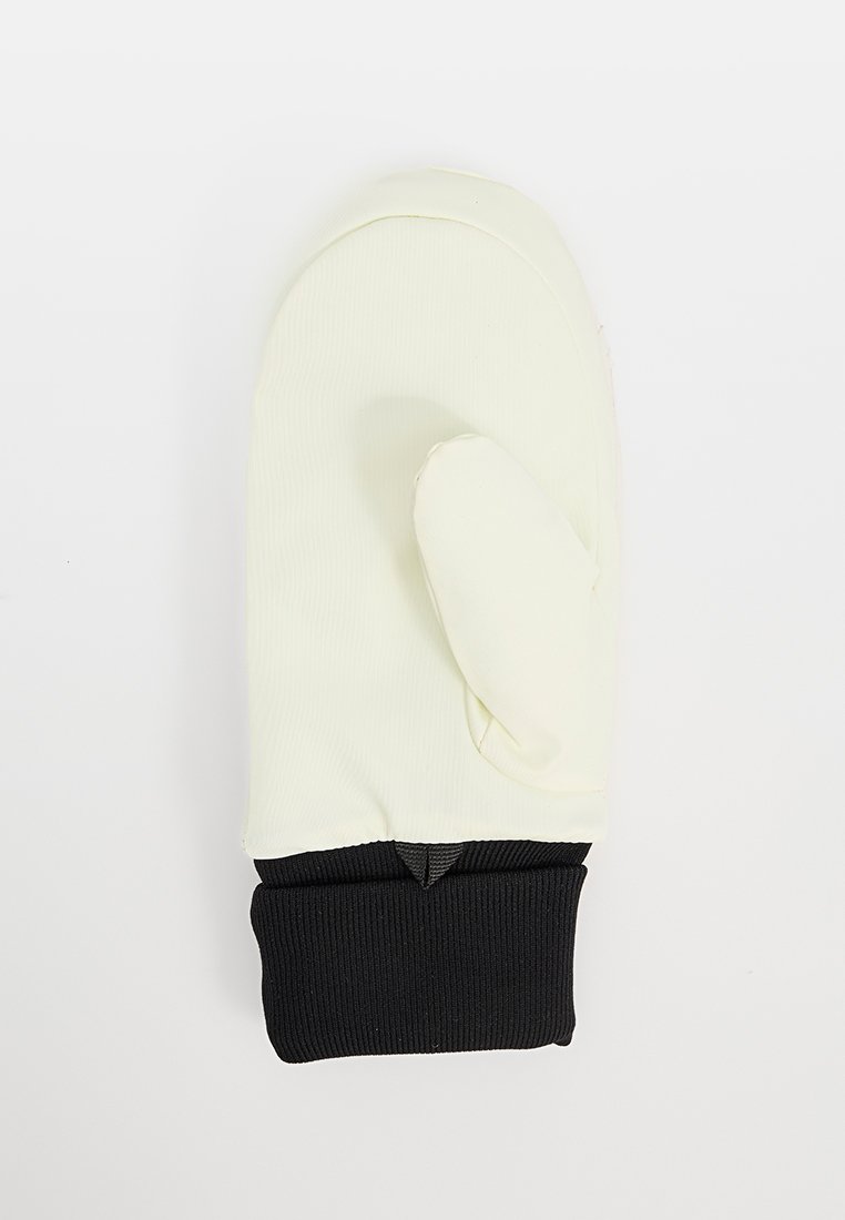 Mitten jaune clair de forme arrondie, avec un poignet côtelé noir contrastant, texture lisse et une poche pour le pouce sur le côté.