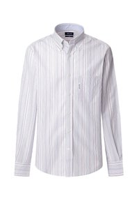 Witte langekleurige overhemd met verticale multicolore stripes, button-down kraag, enkele borstzak en knoopsluiting aan de voorkant.