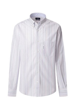 Biała koszula z długim rękawem, w pionowe, wielokolorowe paski, z kołnierzykiem zapinanym na guziki, pojedynczą kieszenią na piersi oraz zapięciem na guziki z przodu.