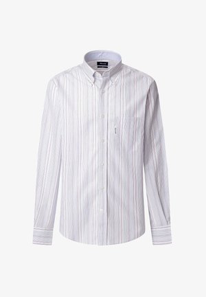 Weißes Langarmhemd mit vertikalen mehrfarbigen Streifen, Button-Down-Kragen, einer Brusttasche und Knopfverschluss vorne.