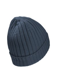 Beanie lavorato a maglia di colore blu scuro, con costine verticali e risvolto. Tessuto morbido e design con parte superiore arrotondata e costruzione senza cuciture.
