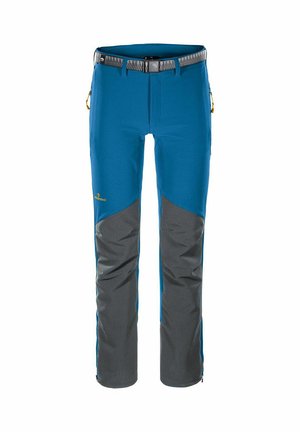 Pantaloni da esterno blu e grigi con cintura incorporata, tasche laterali con cerniera e rinforzi sulle ginocchia, ideali per escursionismo o arrampicata.