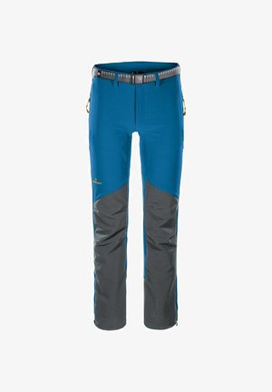Blaue und graue Outdoor-Hose mit integriertem Gürtel, seitlichen Reißverschlusstaschen und verstärkten Knieschutzpolstern, ideal zum Wandern oder Klettern.