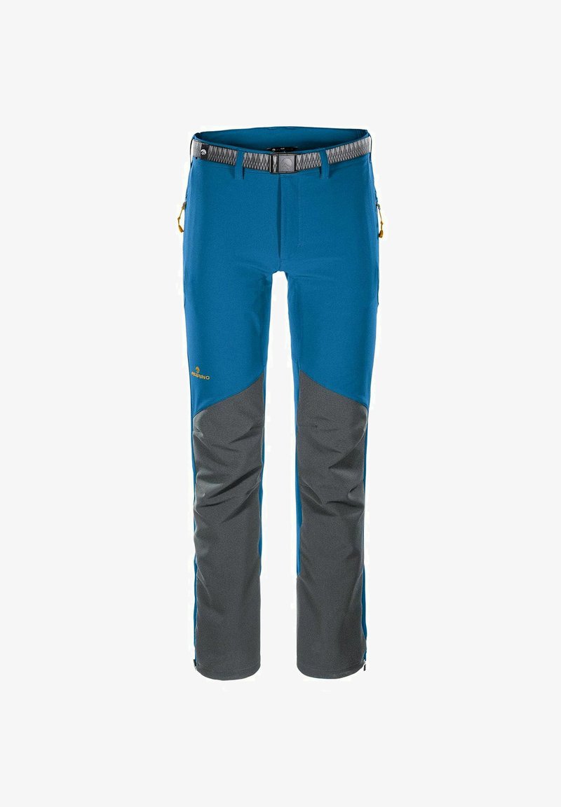 Pantalon d'extérieur bleu et gris avec ceinture intégrée, poches latérales zippées et renforts aux genoux, idéal pour la randonnée ou l'escalade.