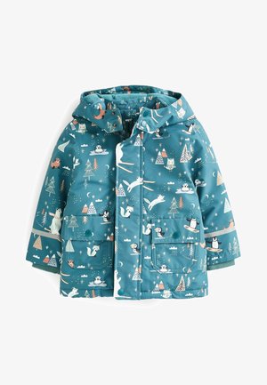 Zimowa kurtka dziecięca w kolorze morskim z kapturem, przednimi kieszeniami, zatrzaskami i zabawnymi wzorami zwierząt i przyrody, w tym lisami, sowami i płatkami śniegu.