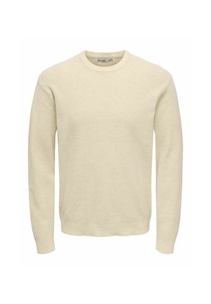 Pull beige à manches longues col rond avec un motif en tricot texturé et des poignets et un ourlet côtelés.