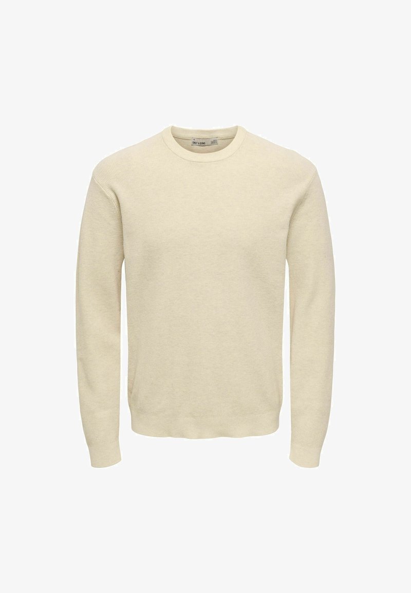 Pull beige à manches longues col rond avec un motif en tricot texturé et des poignets et un ourlet côtelés.