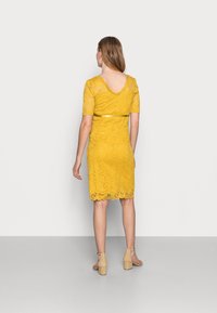 Gul spetsklänning med korta ärmar, v-ringning bak och scallopad fåll. Har en figursydd siluett och ett satinbälte som accentuerar midjan.