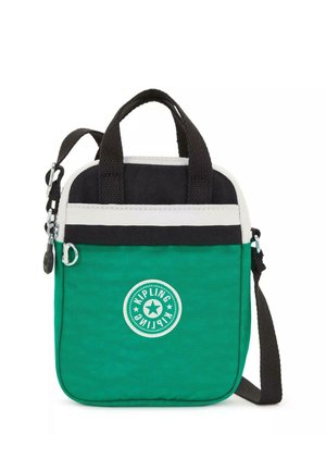Borsa di tessuto verde con accenti neri, striscia bianca, manici superiori doppi, tracolla regolabile e un logo circolare con una stella.