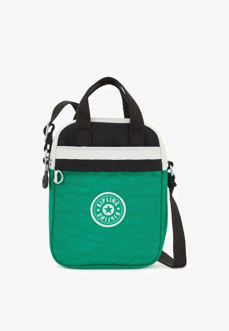 Green fabric bag with black accents, white stripe, double top handles, adjustable strap, and a circular logo featuring a star.