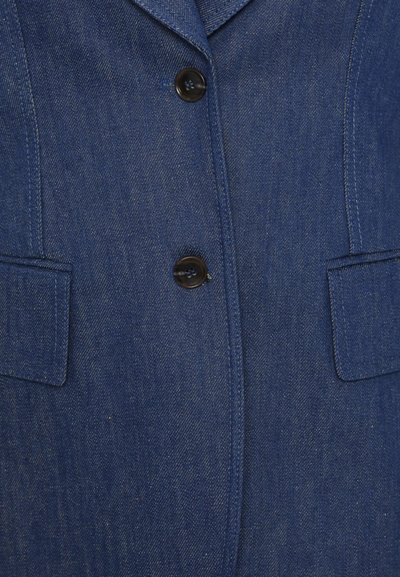 Dark blue denim blazer with two front pockets, notched lapels, and button closure. Jacket features fine textures and stitching details.