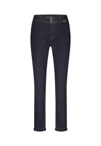 Mørkeblå denim jeans med lige snit, der har knappelukning, fem lommer og opkrøllede manchetter ved kanten.