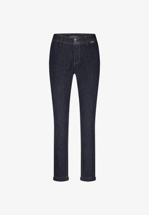 Mørkeblå denim jeans med lige snit, der har knappelukning, fem lommer og opkrøllede manchetter ved kanten.