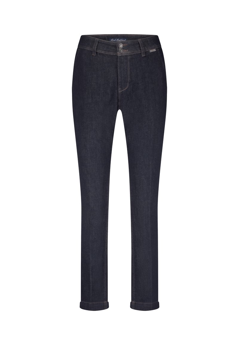 Mørkeblå denim jeans med lige snit, der har knappelukning, fem lommer og opkrøllede manchetter ved kanten.