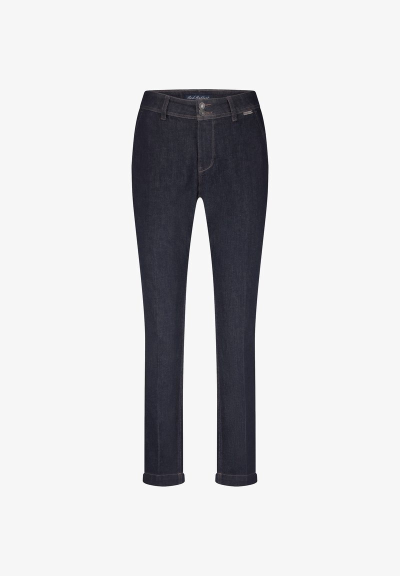 Mørkeblå denim jeans med lige snit, der har knappelukning, fem lommer og opkrøllede manchetter ved kanten.