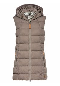 Lettsiddende, ærmeløs vest i taupe med hætte, quiltet design, frontlynlås, to sidelommer og brune læderdetaljer.