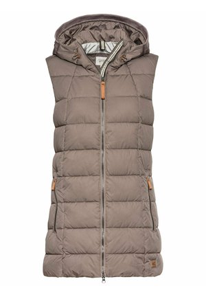Lichtgewicht, mouwloos vest in taupe met een capuchon, gequilt ontwerp, rits aan de voorkant, twee zijzakken en bruine leren accenten.