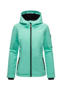 Lightweight mint-green jacket with a hood, featuring a front zipper, black accents, and two side pockets. Smooth, water-resistant material.