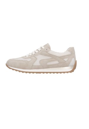 Light beige and white sneaker with mesh panels, suede accents, white laces, and gum rubber sole on a white background.