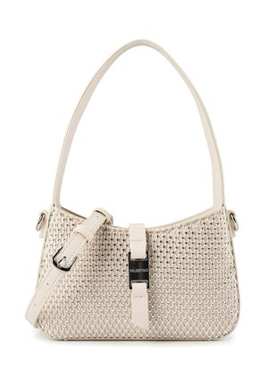 Borsa a mano in pelle intrecciata beige con tracolla regolabile, manico superiore e chiusura metallica con logo Valentino inciso.