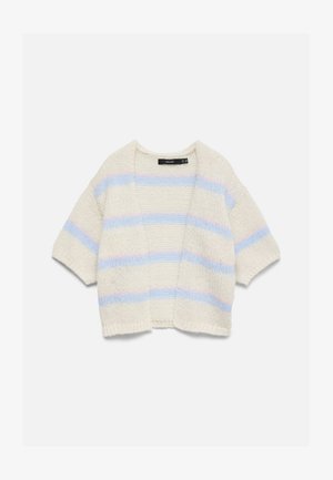 Krem pletena kratka jopica s kratkimi rokavi, odprta spredaj in z vodoravnimi pastelno modrimi ter roza črtami po telesu in rokavih.