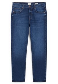 Dark blue denim jeans with a straight leg cut, five-pocket design, and subtle stitching details. Metal button and zipper closure.