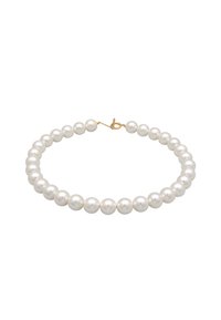 Collier en perles blanches avec un éclat naturel, composé de perles rondes enfilées ensemble avec un fermoir en or. Design simple et élégant.