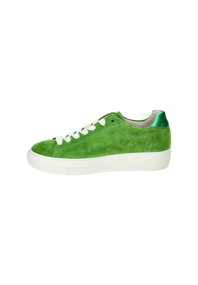 Green suede sneaker with white laces, smooth texture, rounded toe, and a cushioned, white sole. The heel features a shiny green accent.