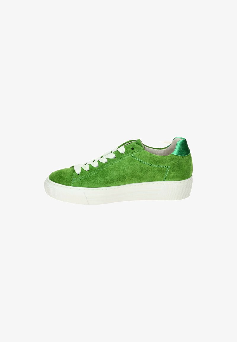 Green suede sneaker with white laces, smooth texture, rounded toe, and a cushioned, white sole. The heel features a shiny green accent.