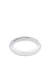 Hõbe sõrmus, 925 sterling, millel on sile bänd ja ümber äärte paigutatud selged kristallid, poleeritud viimistlus, ringikujuline.