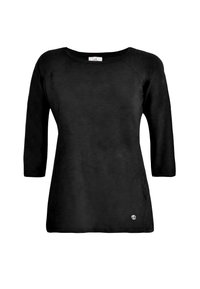 Czarna bluzka z długim rękawem, o zaokrąglonym dekolcie i rękawach raglanowych. Gładka faktura, lekko luźny krój, z małym logo na dolnym boku.