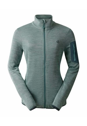 Helles grünes Zip-Jackett mit hohem Kragen, strukturiertem Stoff und einer Reißverschluss-Seitentasche am linken Ärmel. Mit kontrastierenden, dunklen Bündchen.